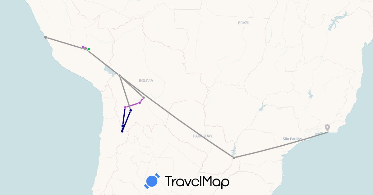 TravelMap itinerary: driving, bus, plane, train in Argentina, Bolivia, Brazil, Peru (South America)